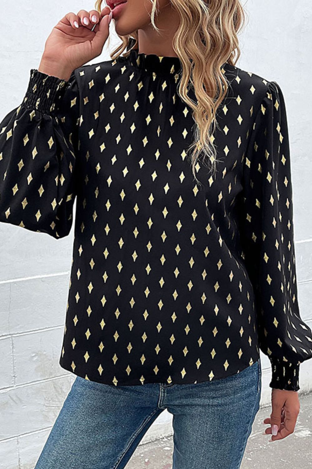 Perfee Geometric Print Frill Neck Lantern Sleeve Blouse