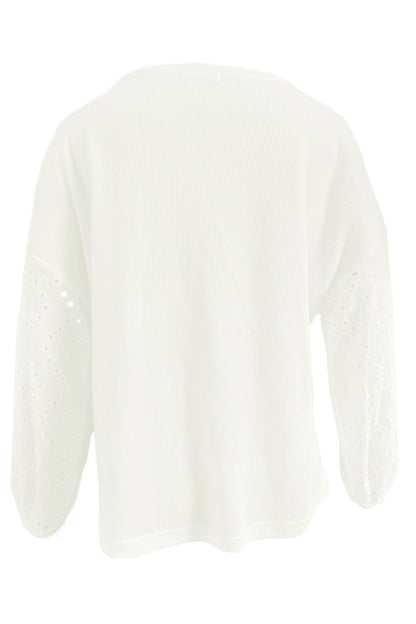 Shiny Openwork Dropped Shoulder Boat Neck Blouse