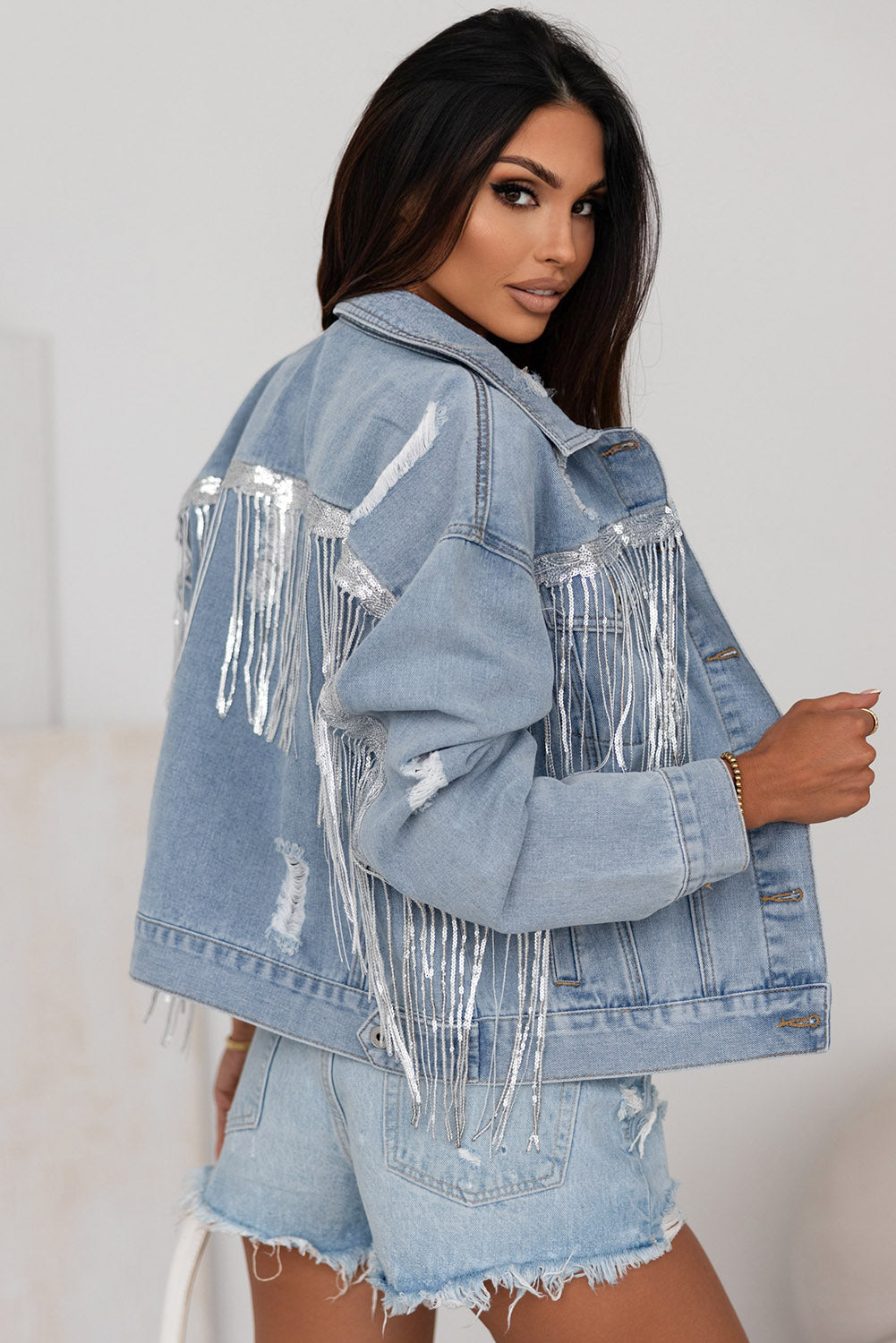 Sequin Fringe Trim Distressed Button Up Denim Jacket