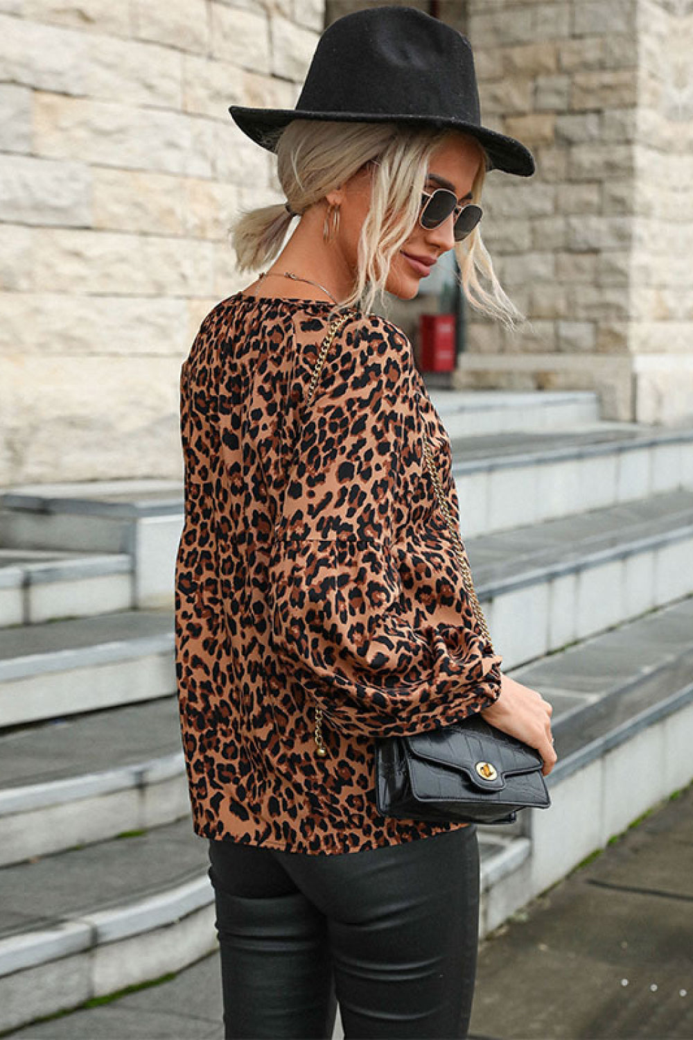 Perfee Leopard Lantern Sleeve Blouse