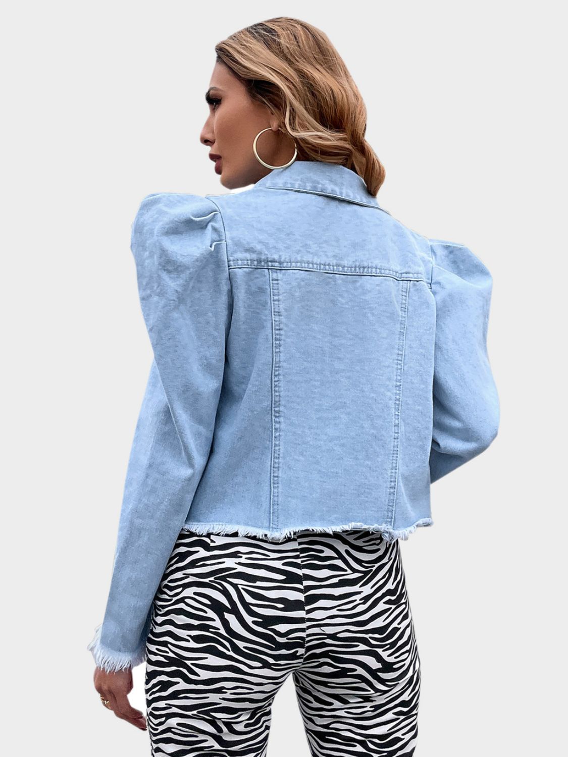 Raw Hem Collared Neck Puff Sleeve Denim Top