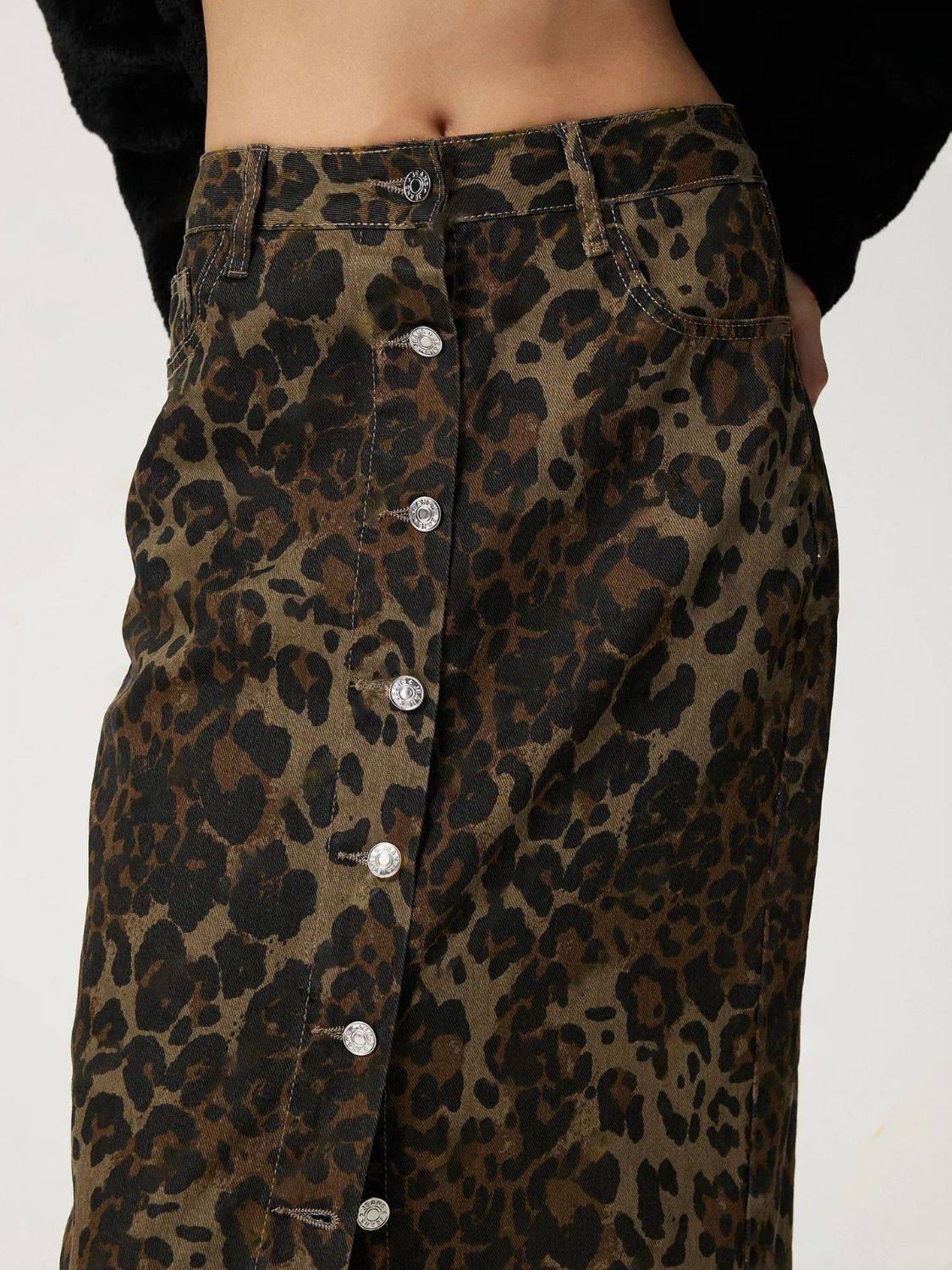 Leopard Button Up Denim Skirt