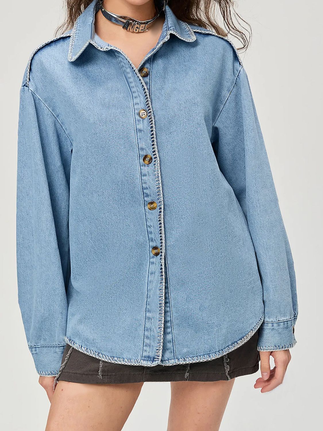 Button Up Collared Neck Denim Top