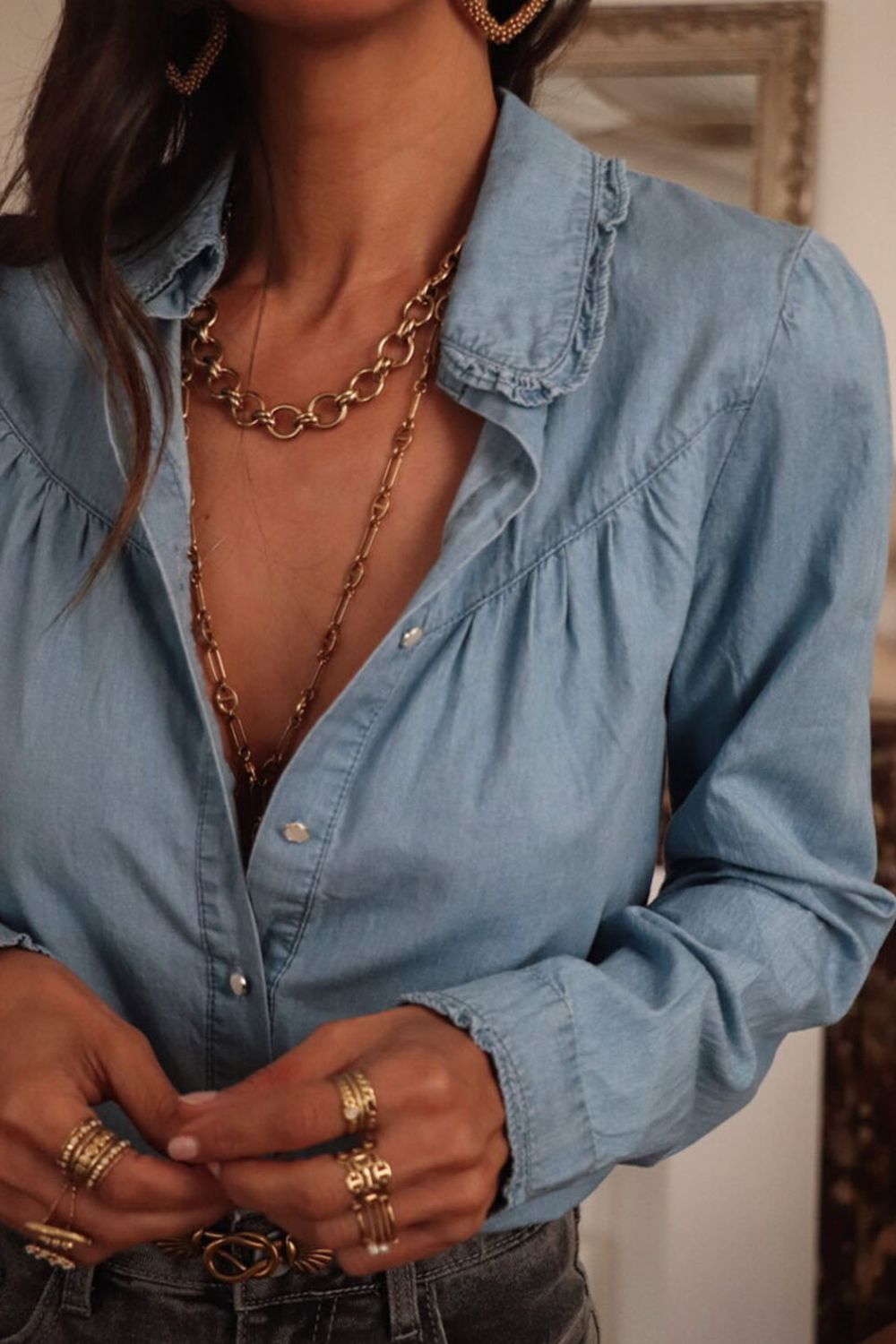 Button Up Long Sleeve Denim Top