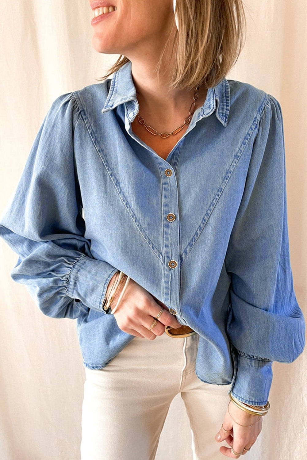 Collared Neck Lantern Sleeve Denim Top