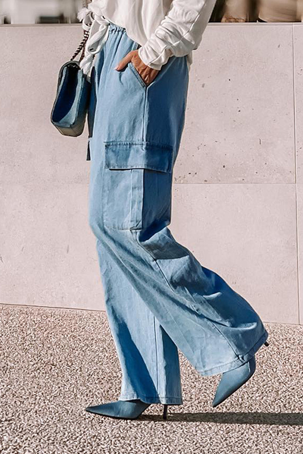 Drawstring Cargo Pocket Wide Leg Jeans