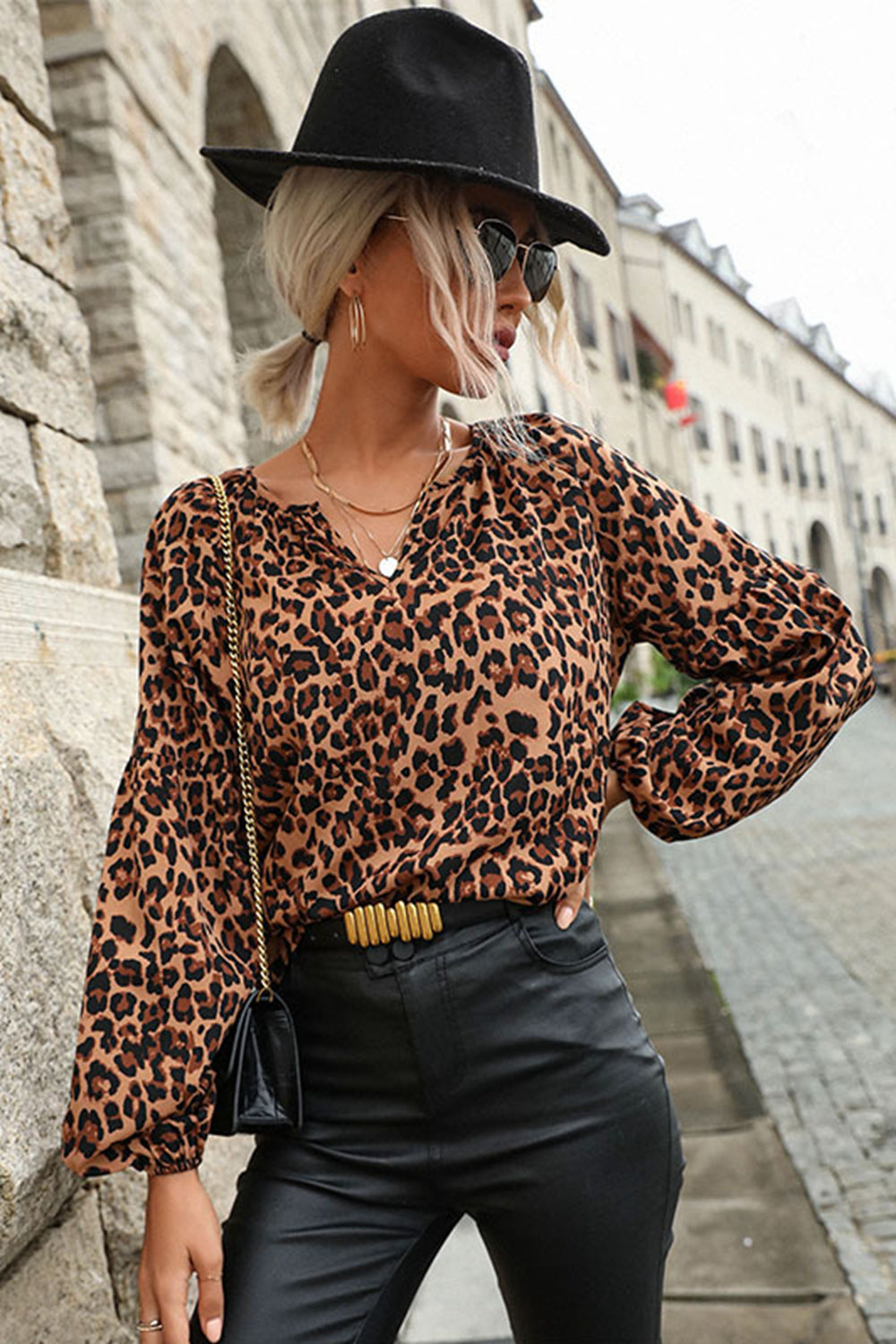 Perfee Leopard Lantern Sleeve Blouse