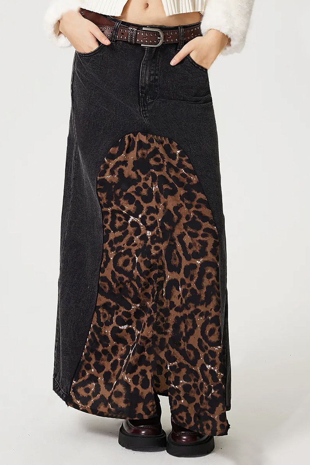 Slit Leopard Midi Denim Skirt